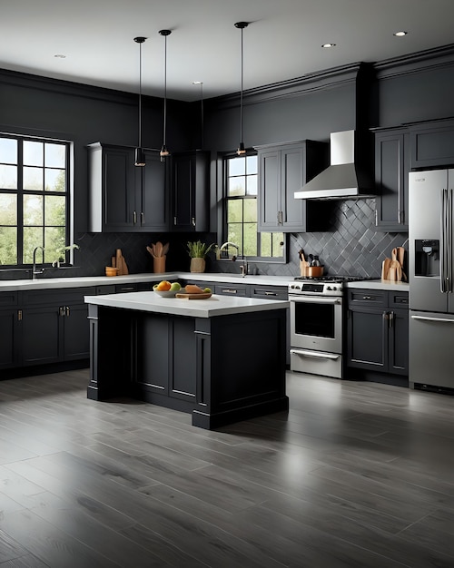 a kitchen with a black and white style design