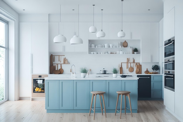 a kitchen with a blue cabinet and a white counter top with a blue kitchen island