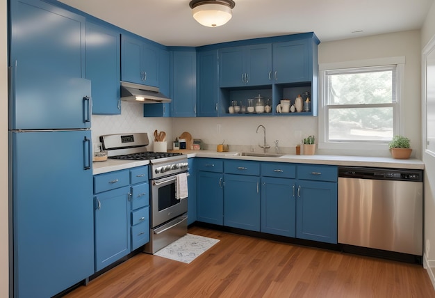 A kitchen with blue cabinets a stove and a microwave