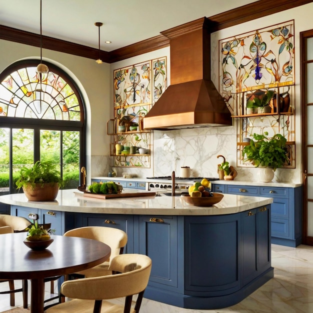 a kitchen with a blue countertop and a large island with a large island in the middle