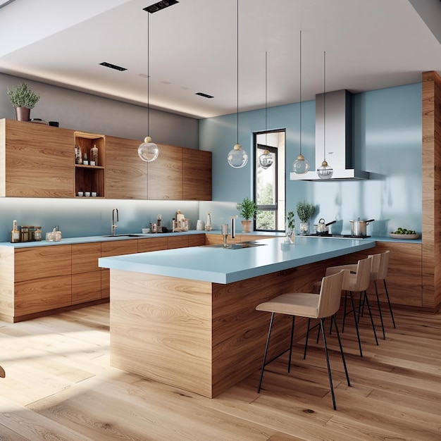 A kitchen with a blue kitchen with a wooden island with a white countertop and a blue countertop.