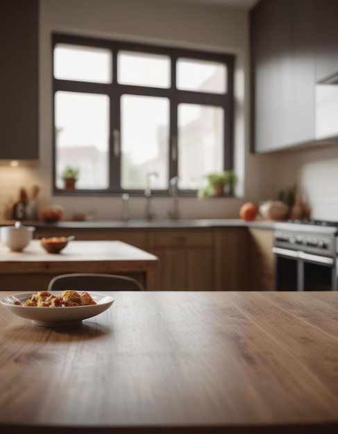 a kitchen with a bowl of food on a table and a window in the background