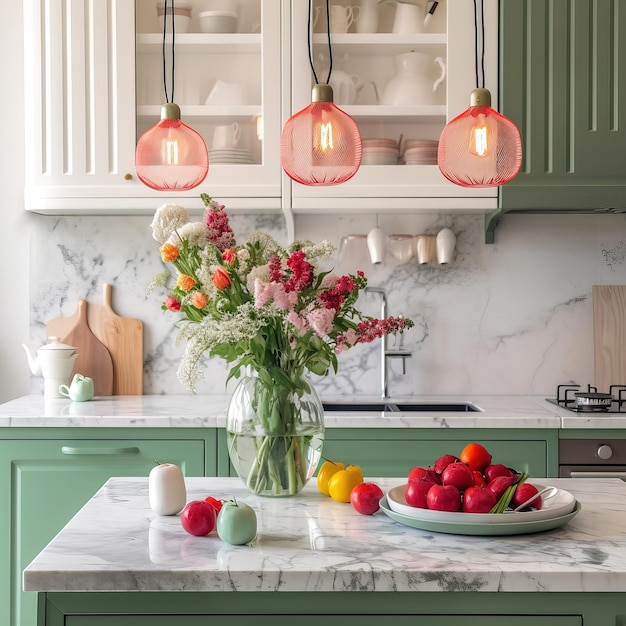 A kitchen with a bowl of fruit and a vase of flowers on a counter.