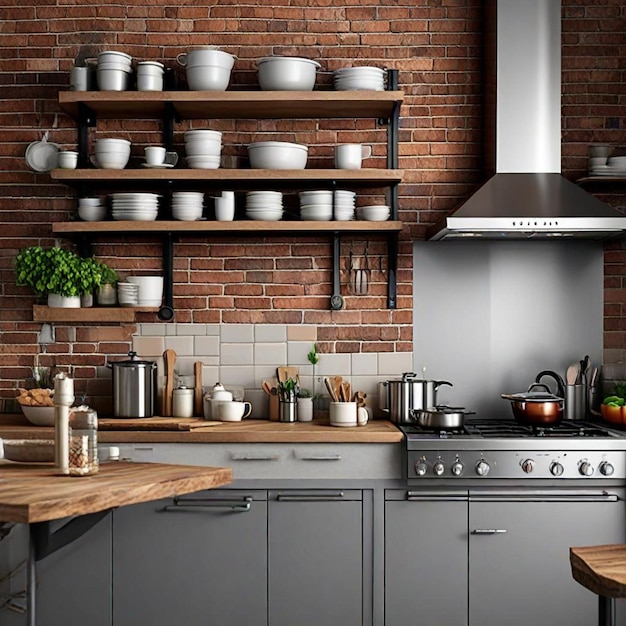 a kitchen with a brick wall and a shelf with pots and pans on it