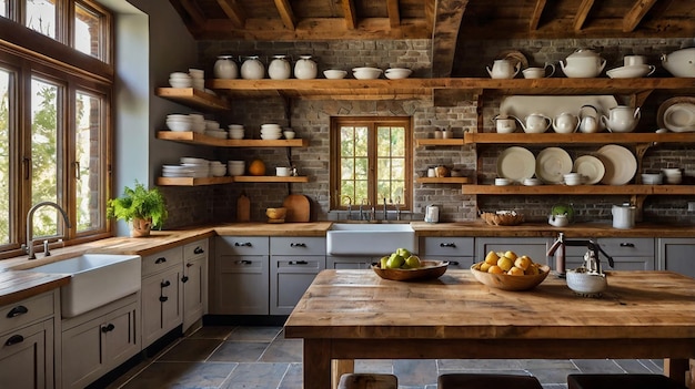 a kitchen with a brick wall and a wooden table with bowls and bowls on it