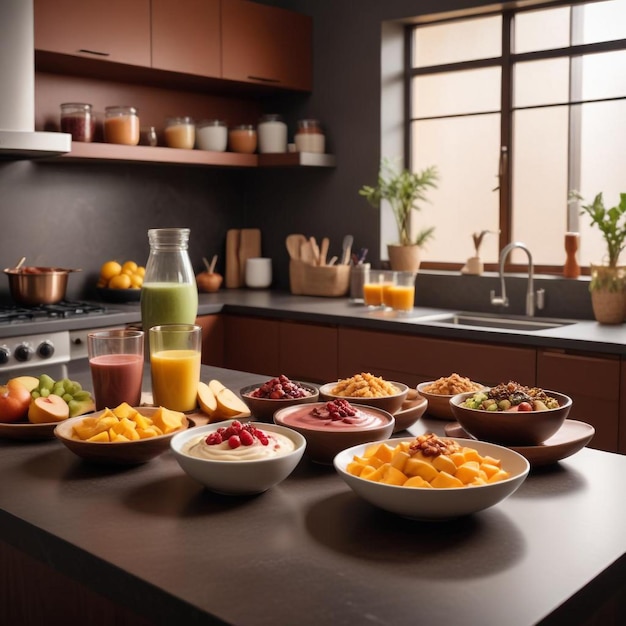 Photo a kitchen with a bunch of bowls of food including fruit fruit and juice