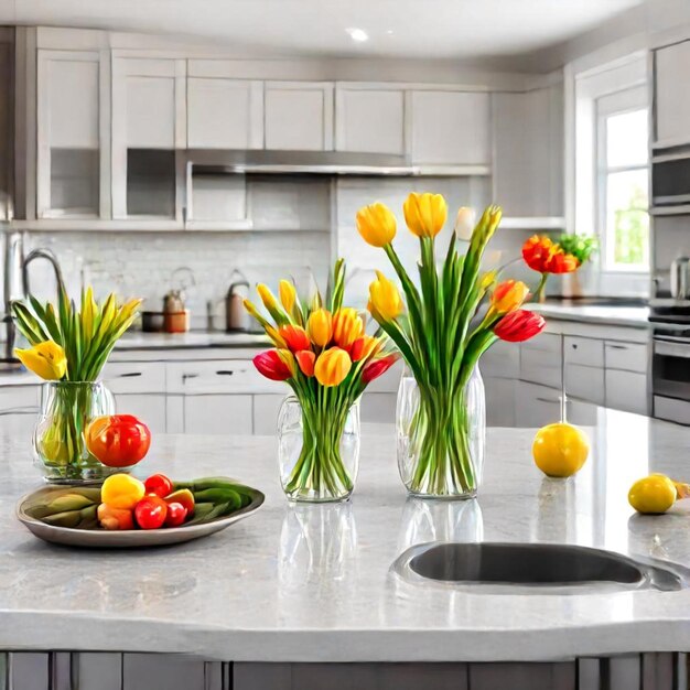 a kitchen with a bunch of flowers on a counter