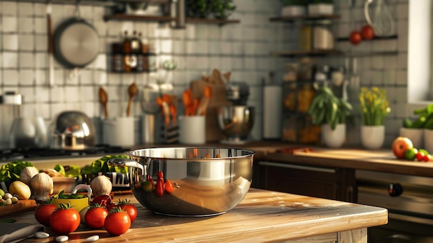 a kitchen with a bunch of vegetables and a bowl of tomatoes