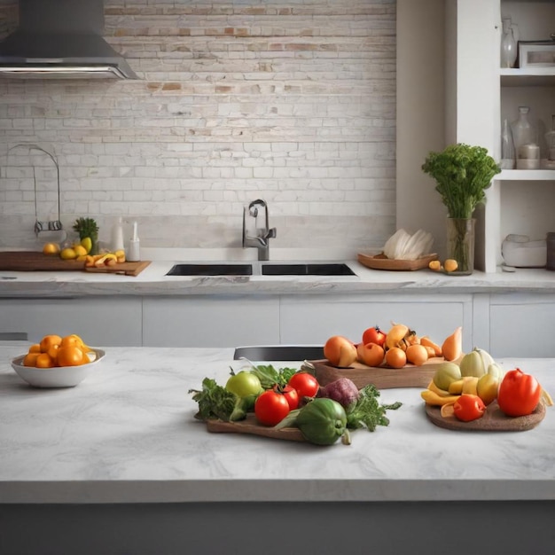 a kitchen with a bunch of vegetables on a counter