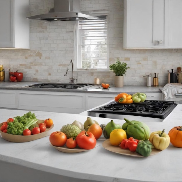 a kitchen with a bunch of vegetables on the counter