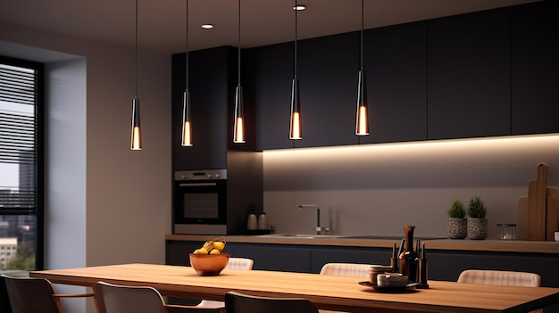 Kitchen with a center island and a bowl of fruit on the table