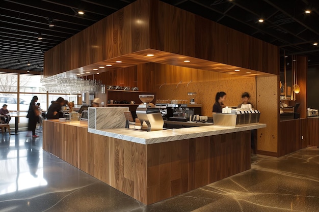 a kitchen with a counter that has a lot of people in it