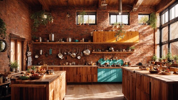 Kitchen with dishes in loft style