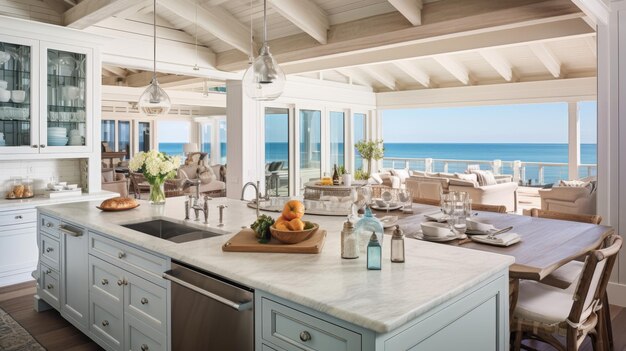 Photo kitchen with expansive island offering ocean view perfect for cooking and relaxing