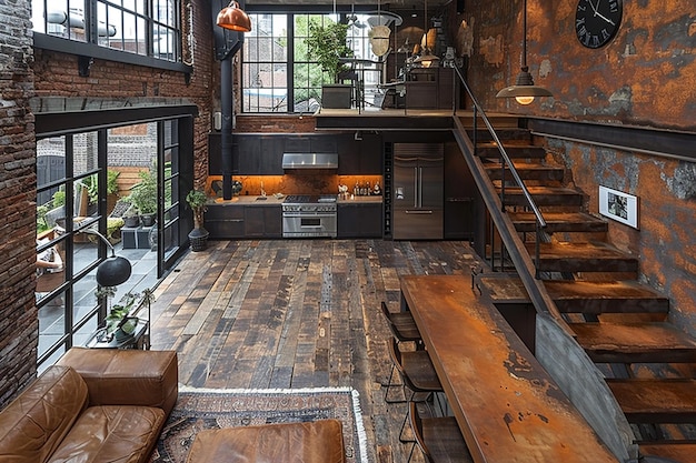 a kitchen with a fireplace and a table with a light on the ceiling