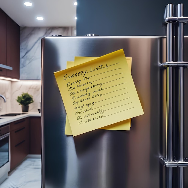 Photo a kitchen with a fridge with a yellow note that says quot everything quot on it