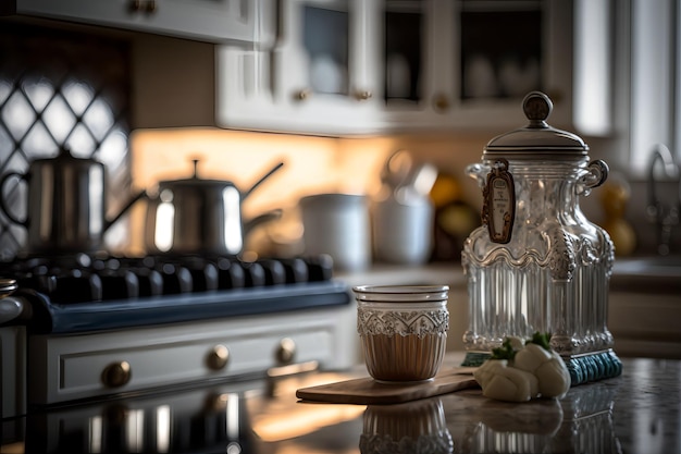 A kitchen with a glass container and a cup of garlic on a counter.