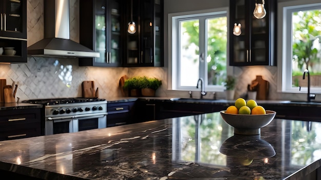 a kitchen with a granite counter top and a bowl of fruit on it product photography modern kitchen