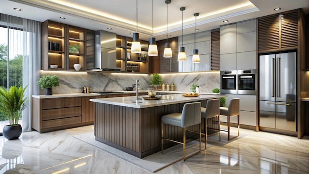 a kitchen with a granite counter top and a kitchen island with a kitchen island