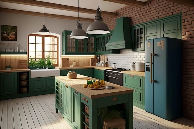 A kitchen with a green cabinetry and a green door that says'green kitchen '