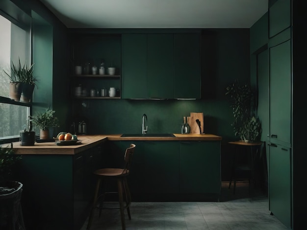 a kitchen with green cabinets and a green wall with a plant on it