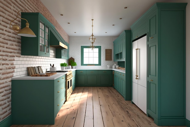 A kitchen with green cabinets and a white fridge.