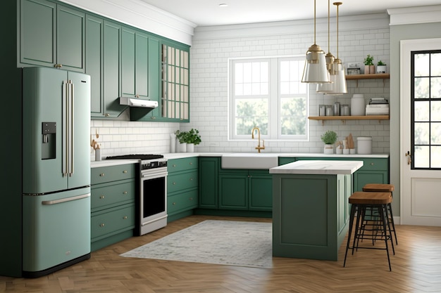 A kitchen with green cabinets and a white kitchen island with a white stove and a white countertop.