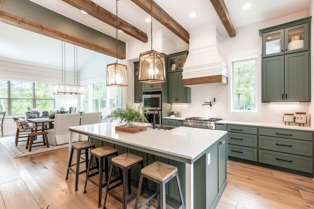 a kitchen with a green island and a large island with a green kitchen island