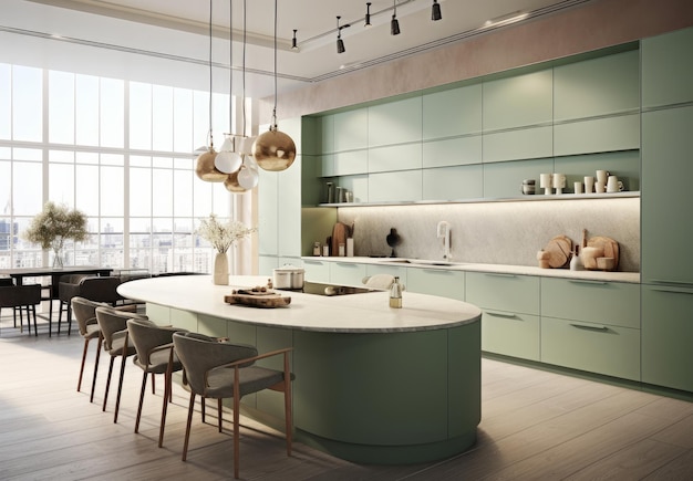 A kitchen with a green island with a white countertop and a large window