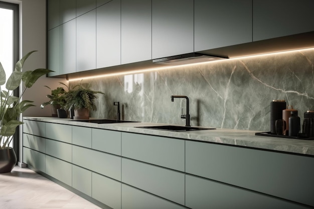 A kitchen with a green kitchen island and a sink with a faucet.