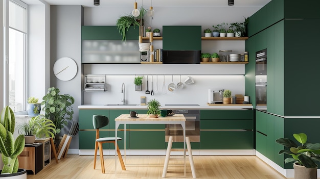 a kitchen with a green kitchen and a table with a potted plant on it