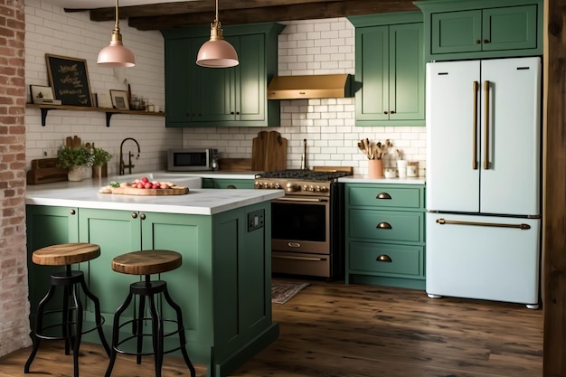 A kitchen with a green kitchen with a white refrigerator and a white countertop.