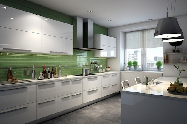 A kitchen with green tiles and a white countertop with a white kitchen island and a table with a white stove and a window with a green curtain.