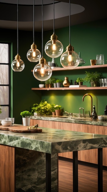 a kitchen with a green wall and a green kitchen counter with potted plants on it