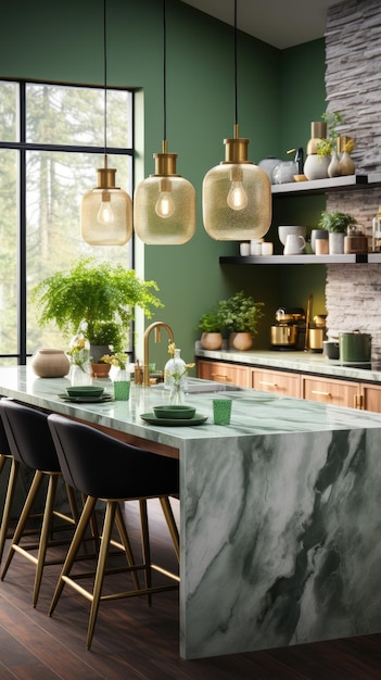 a kitchen with a green wall and a table with chairs and a table with plants on it