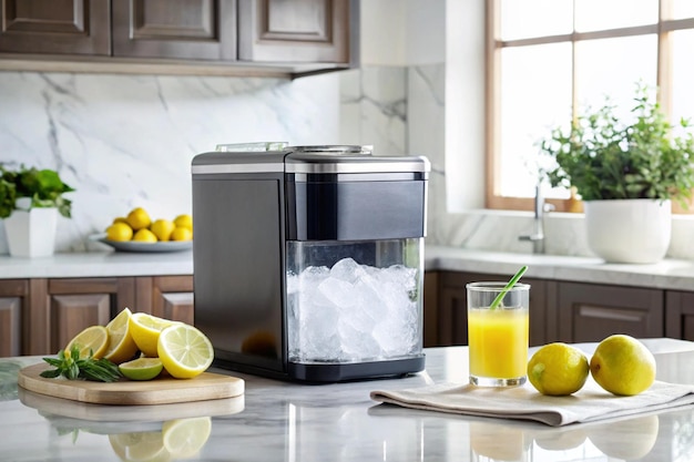 a kitchen with a juice maker and a glass of orange juice