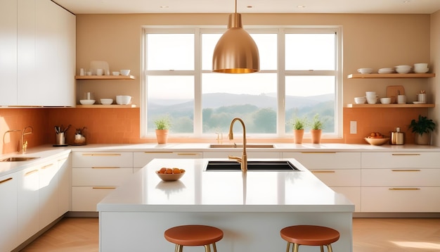 Photo a kitchen with a kitchen island and a window with a view of the mountains outside