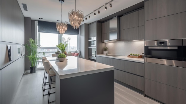 A kitchen with a large island and a large window that says'the kitchen is open to the living room '