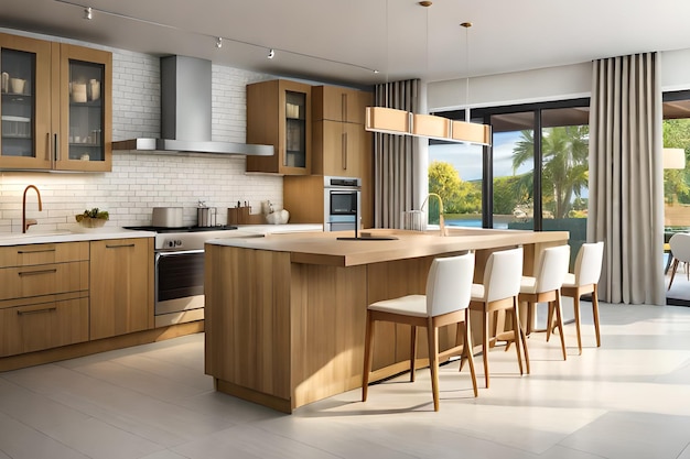 A kitchen with a large island and a large window with a view of the pool.