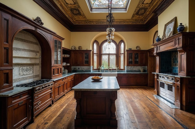 Photo a kitchen with a large island and a large window