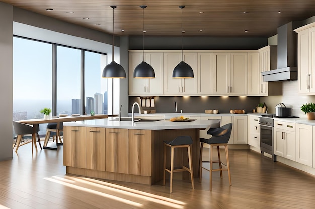 A kitchen with a large island with a bar stools and a large window with a city view