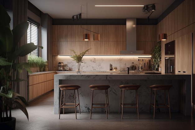 A kitchen with a large island with a bar stools and a plant on the counter.