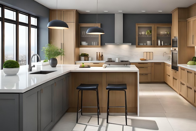 A kitchen with a large island with a black countertop and a white countertop with two stools.