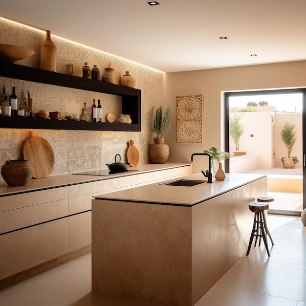 A kitchen with a large island with a black countertop and a wooden stool.