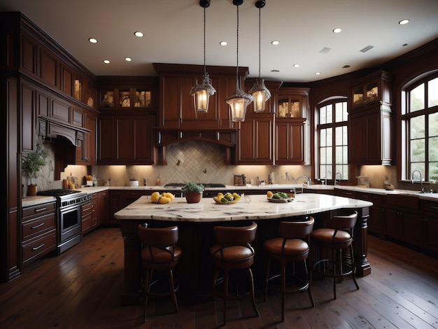 A kitchen with a large island with a breakfast bar