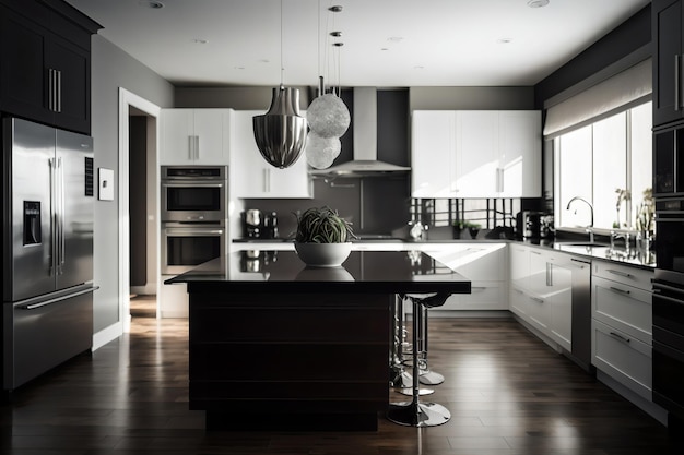 A kitchen with a large island with a glass ball on it