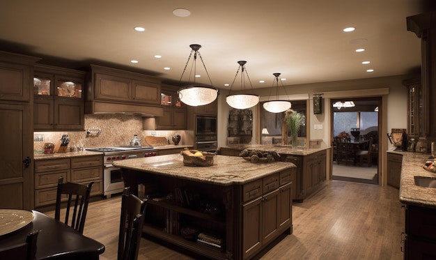 A kitchen with a large island with a large center island and a large center island with a large center island.