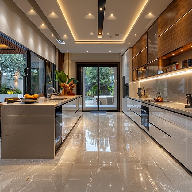 a kitchen with a large island with a large glass door