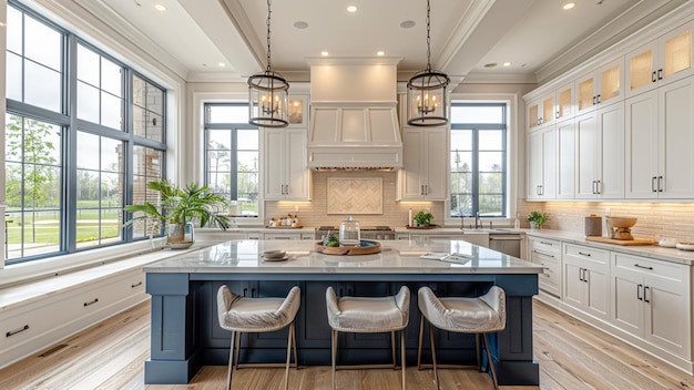 a kitchen with a large island with a large island and a large island with chairs and a table with ch