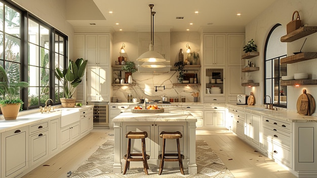 a kitchen with a large island with a large island in the middle